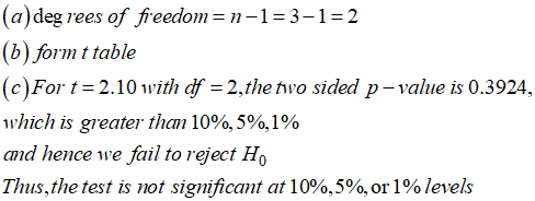 (a) deg rees of freedom=n-1=3-1= 2 (6) form t table (c)For t = 2.10 with df = 2, the two sided p-value is 0.3924, which is gr