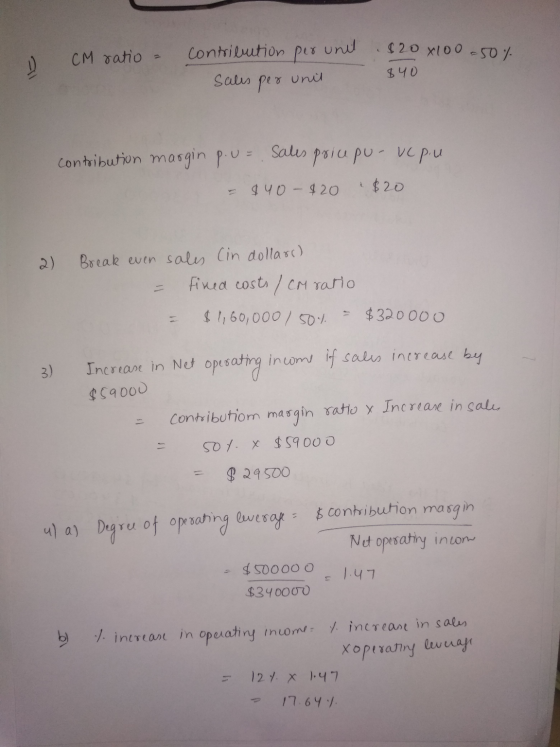 contribution CM ratio $20x100 - 50% per uni uni $40 Sales per contribution margin p. u= sales priupu-vcp.u i $20 - $40 $20 Br