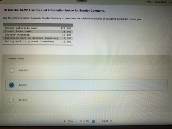 Help Save & Ext Su TB MC Qu. 14-151 Use the cost information below for Sundar Company... Use the cost information below for S