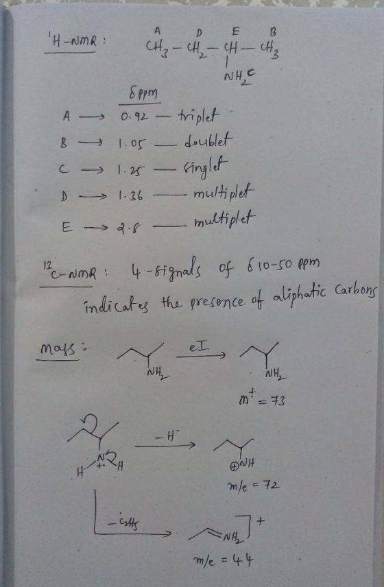 H-nume : -4. NHC 5ppm B 0.92 - 1.05 - 1.25 - 1.36 - 2.8 - triplet - doublet Singlet multiplet multiplet D E 13 C-NMR: 4-sign