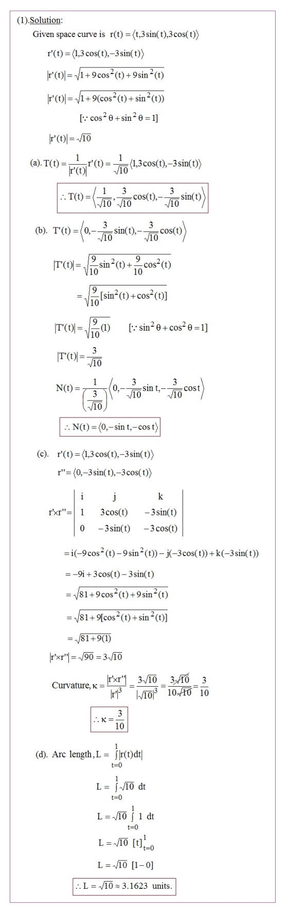 (1).Solution: Given space curve is r(t) =(t,3 sin(t),3 cos(t)) r(t) = (1,3 cos(t),–3 sin(t)) \r(t)= V1+9cos? (t) + 9 sin?(t