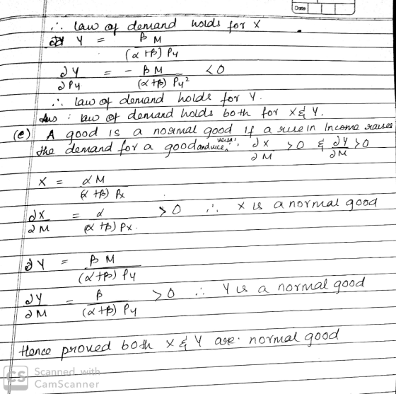 ... law of demand words for X dal Y = BM - (x +B) Pu dy = - BM Lo opy (x+p) Py² in law of demand holde for y. Aus : bw of dem