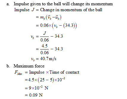 Impulse given to the ball will change its momentum Impulse J-Change in momentum of the ball a. 0.06x(v, - (34.3) 34.3 34.3 0.