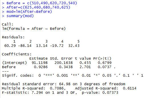 > Before = c(510,490,620,720,540) > After=c(625,460, 680,740, 625) > mod=7m(After-Before) > summary(mod) call: 1m(formula = A