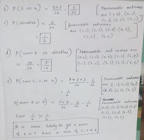2-t 3 Favouiable eutcomes arse (1, 2), (2, D e) P(doubles) avouvable ont come Cs,s), Co t com d) p (s,3), CG, (2,0), C, 36 l