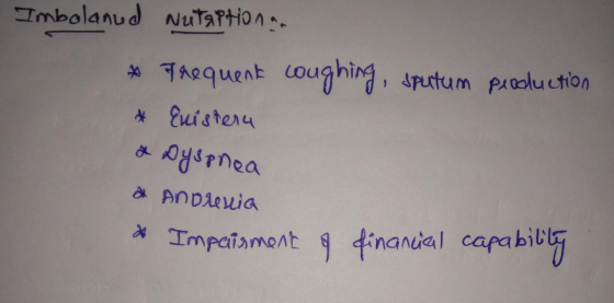 Imbolanud Nutaptions * Frequent coughing, sputum production * Euisteru a Dyspnea & Andrenia & Impairment of financial capabil