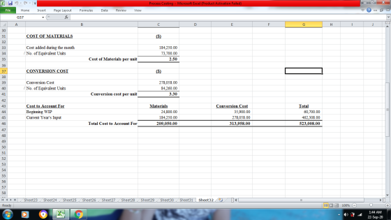 х XI Process Costing - Microsoft Excel (Product Activation Failed) File Home Insert Formulas Data Review View Page Layout foc