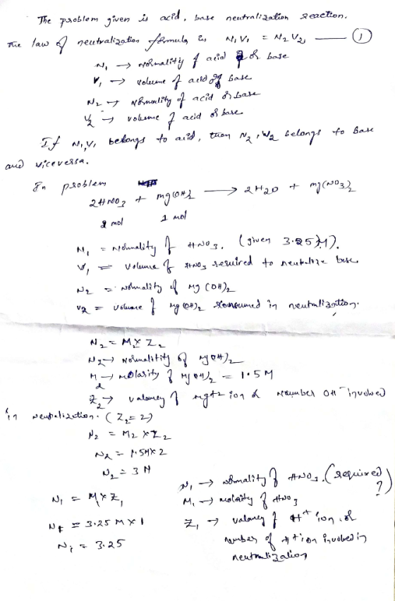. The problem given is acid, base neutralization Seaction. thie law on neutralization formula es ativo = Na Vg — O no molmali