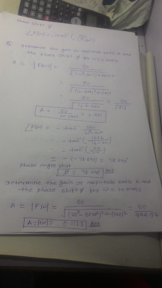 Phase shit+ 5 0 A= 50 20:396o 2.4S Phese angte shitt N스 Determine the gain amplituderatio.A and -the phase shittp . to Doynd