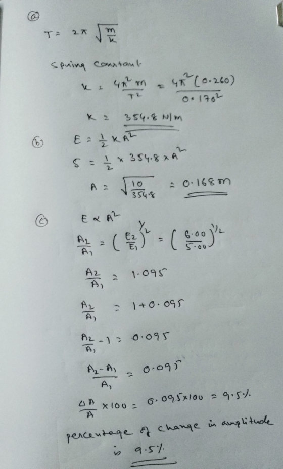 T= 27 mo 72 spring constant 4 m 45 (0.260) o. 1782 354.6 m E = KA2 5 354.8A A 10 354.8 20:1687 © E & A² Yu A2 1.095 1+0.095 A