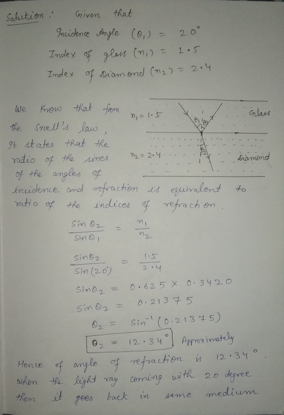 Solution : Given that Incidence Angle (0) = 20° Index of glass (n.) = 1.5 Index of Diamond (02) - 2.4 Glass o We know that fr