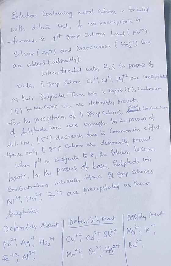 Soluhon Containing metal Cations is treated with dilute Hal if no precipitate is formed, ie 1st group cations Lead (Pb24), Si