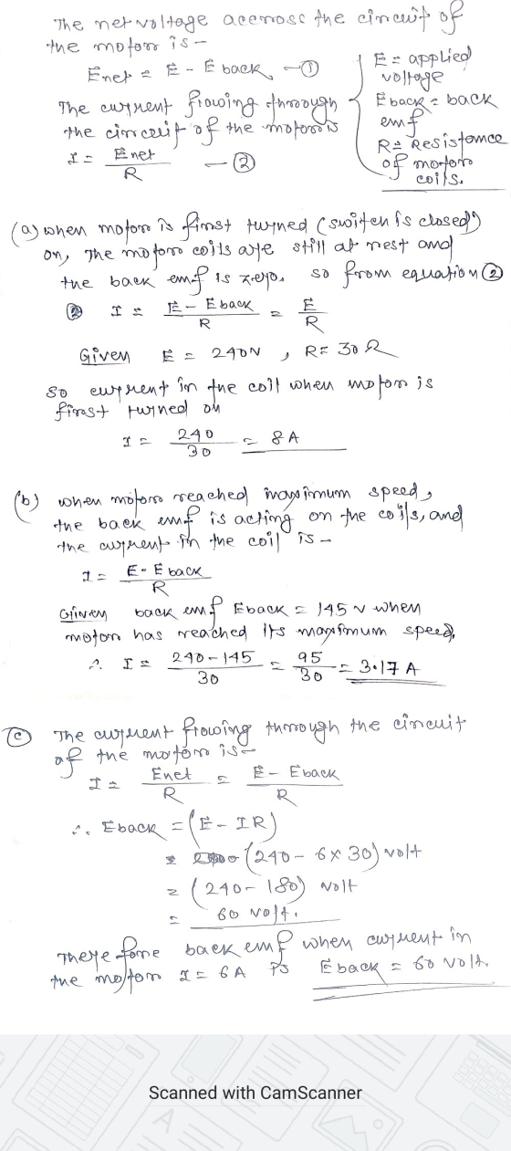 Eeback The met woltage acemose the circuito of the motor is - Enet És applied voltage The current frowing of hroough the circ
