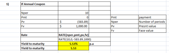 If Annual Coupon Nper Pmt Pmt Nper Py (583.89) 1,000.00 payment Number of periods Presnt value Face value FV Rate RATE(nper,p