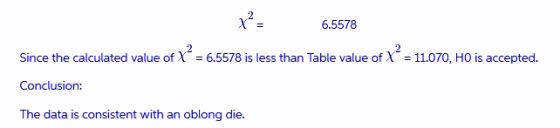 6.5578 2 Since the calculated value of X = 6.5578 is less than Table value ofX = 11.070, HO is accepted. Conclusion: The data