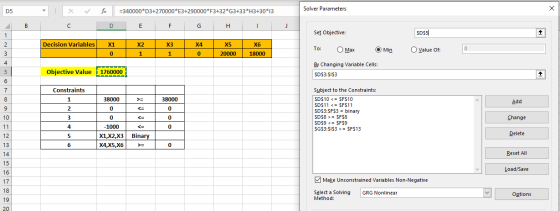 D5 X fx =340000*D3+270000*E3+290000*F3+32*G3+33*H3+30*13 Solver Parameters C D E F G H I J Set Objective: SD55 Decision Varia