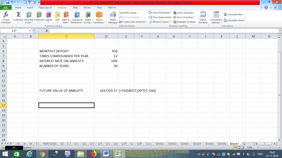 File Home Insert Page Layout Formulas Data - 2x fic D 2 A PV, FV, ANNUITY (Autosaved) - Microsoft Excel (Product Activation F
