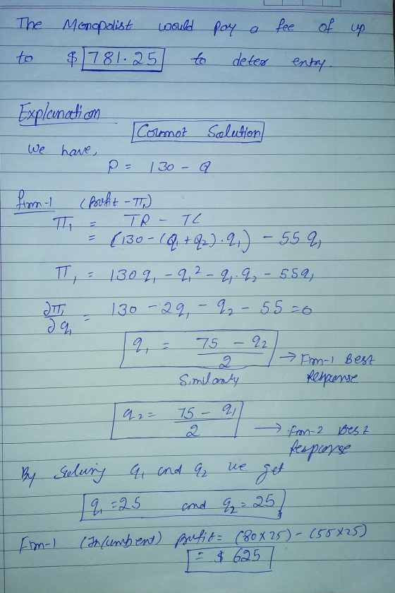 The to Monopolist would $1781.25 to up. pay a fee of deter entry. We have Explanation Cormot Solution P= 130 - G front (Roofi
