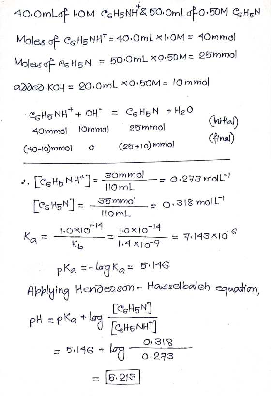 40.0mLof IOM CG HENH& 50.0mL of 0.50M CHEN Moles of CGH5NH* = 40.0mL *I·OM = 40mmol Moles of CG HIN = 500mL *0.50M= 25mmol ad