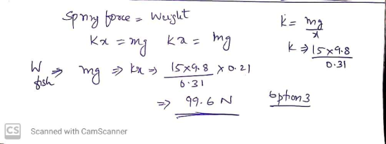 Spring force Weight k= mg ka- Pue= ka-mg K 15x9.8 W 15x9.8 X 0.21 0.31 kx > → mg fish 6.31 => 99.60 option 3 CS Scanned with