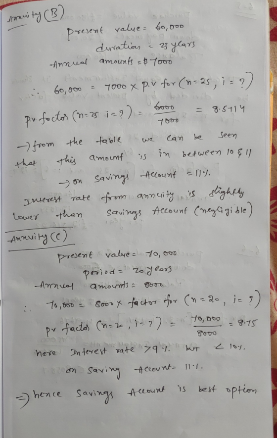 Present value 60,000 re duratins 23ylars amount Tood Annual 7000 x P.v for (n-25, i ab ivib 9 60,000 spec ఈా = 8.511 4 7000 f