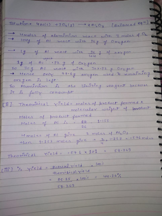 Sol upion 4AI)30,la) 2ALO3 LBalonced eqn) imdes of aluminim 3moles of O wth ith 16g of Onxgen eact AI eact AI react ith 104 1