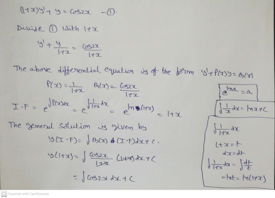 (1+x)yt y=cosza -0 Divide ☺ with les yt y lex losza lex The above differential equation is of the form yle P(s)y= a(as P(X)