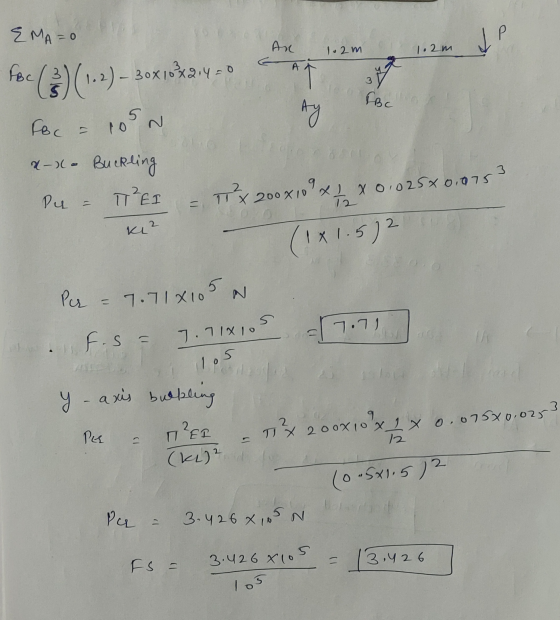 EMA=0 JP 1.2m An A 1.2m (3) (2) - 30x 12000 A 3 Beho Ay 10 N For = x-x - Buckling Pu TREI 3 11 x 200x109 x 1 x 0,025x0.075 T2