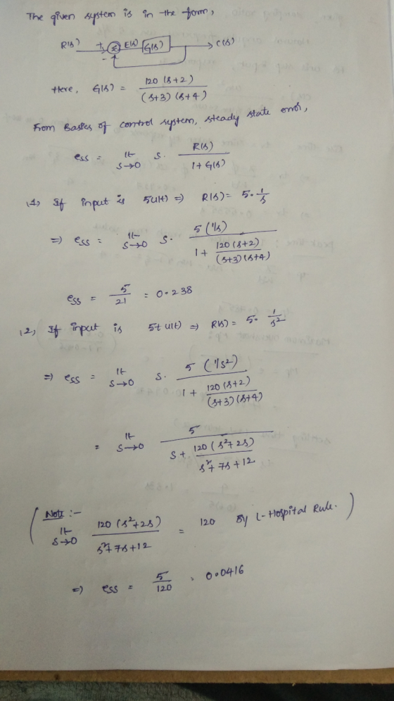 The given system is in the form, oltor RIS) t EW (GB) y cool tere, G16) = 120 18+2) (3+3) (8+42 state enor, steady from Baske