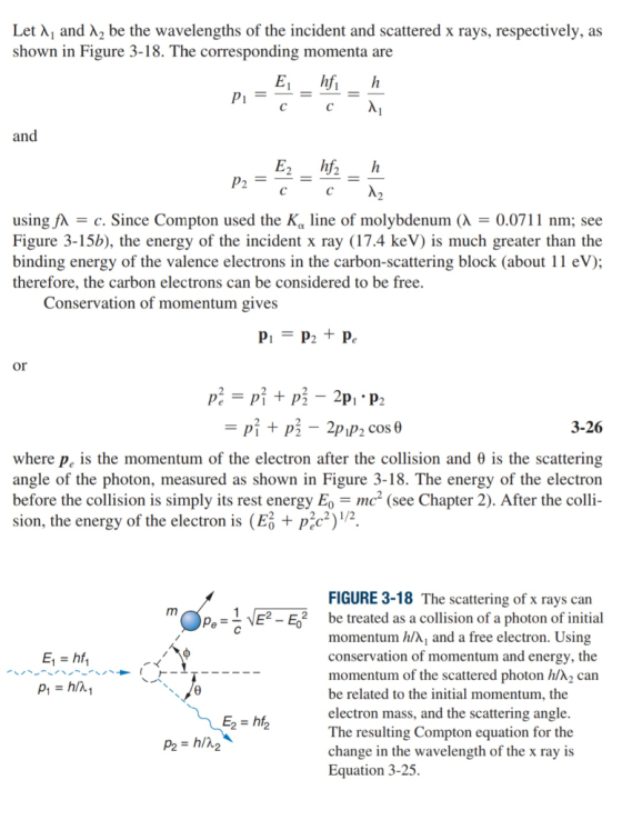 Let λ1 and λ2 be the wavelengths of the incident and scattered x rays, respectively, as shown in Figure 3-18. The corresponding momenta are Pi usingfA- c. Since Compton used the K line of molybdenum A-0.0711 nm; see Figure 3-15b), the energy of the incident x ray (17.4 keV) is much greater than the binding energy of the valence electrons in the carbon-scattering block (about 11 eV); therefore, the carbon electrons can be considered to be free. Conservation of momentum gives or 3-26 where Pe is the momentum of the electron after the collision and θ is the scattering angle of the photon, measured as shown in Figure 3-18. The energy of the electron before the collision is simply its rest energy Eomc (see Chapter 2). After the co sion, the energy of the electron is (E% + p.c2)12. FIGURE 3-18 The scattering of x rays can pe L NE2E2 be treated as a collision of a photon of initial momentum hand a free electron. Using conservation of momentum and energy, the momentum of the scattered photon h/l2 can be related to the initial momentum, the electron mass, and the scattering angle. The resulting Compton equation for the change in the wavelength of the x ray is Equation 3-25.