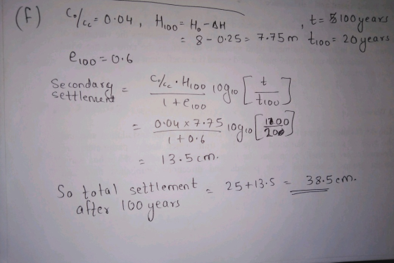 loc=0.04 Hoo H.-AH ColccHool Itloo t = 8 100 years - 8- 0.25 = 7.75 m tioo= 20 years 100=0.6 Secondary - settlement = 0.04 +7