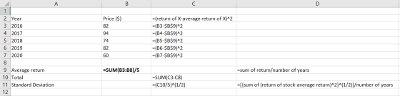 А B с 1 Price ($) 82 94 2 Year 3 2016 4 2017 5 2018 6 2019 7 2020 =(return of X-average return of X)^2 =(B3-$B$9)^2 =(B4-$B$9