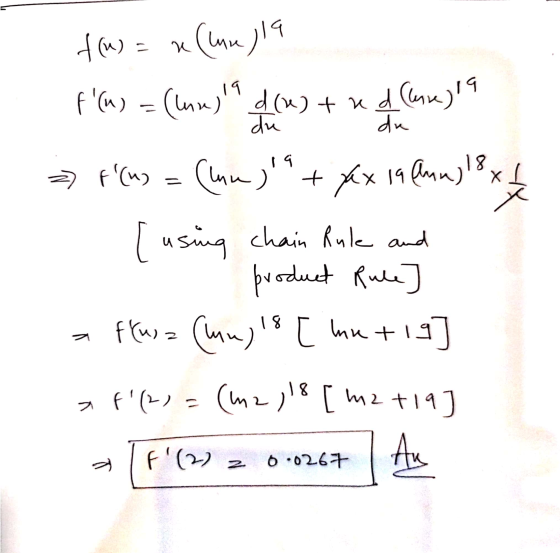 y la f(n)=n (une f(W) = (luxe)4 dow) + x d (lon)9 du du = f(mp = (lum) + xxx 19 luni 8 x using chain Rule and product