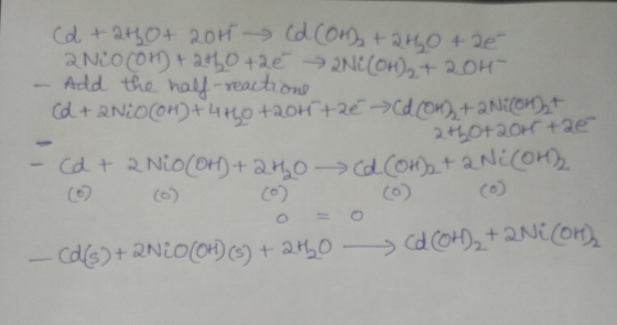 Cd +2tot 2015 Cdor +240 + 20 2 Nioco +240 +2e Ni(OH)₂ + 204 Add the half-reactions Cd + 2 Nio (OH) + 440 +2014+2€ (door) +2 N