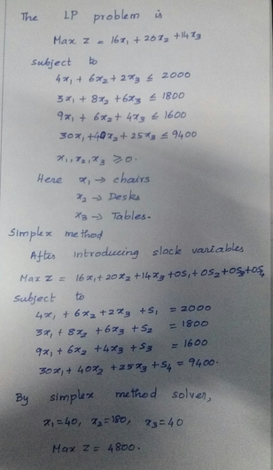 The LP problem i Sukject b 30x, +4073 + 25Tg 스 9400 Here x, → chairs 22 Desks x3Tables 5implex me thod Aftz introducing slack