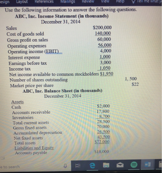 esign Layout References Mailings Review View Help YTell me what y Use the following information to answer the following quest