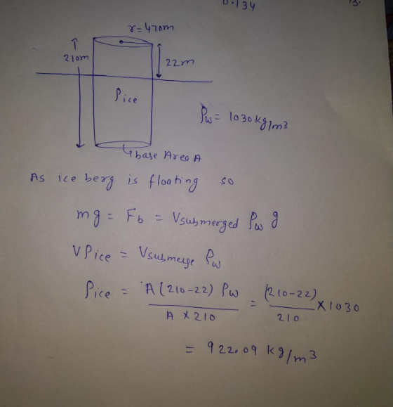 134 r=47om 1 2lom 22m Pice Pw = 1030kg 1m? sbase Area A As ice berg is floating mg = Fo = Usubmerged Pw g V Pice = Usubmege P