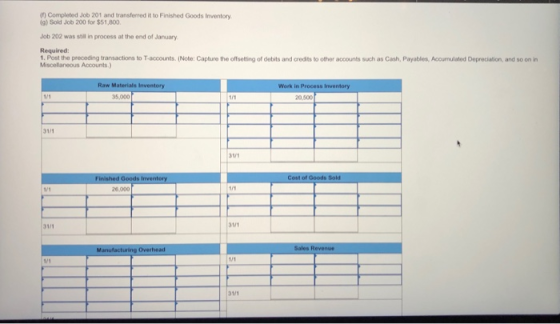 in Completed Job 201 and transferred it to Finished Goods Inventory 1o) Sold Job 200 for $51 800 Job 202 was in process at th