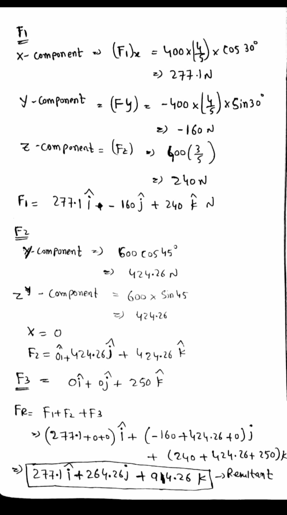 Fi X- component (Fire 400x1)x Cos 300 2) 277.In y component . (FY) = -400x[)*Sin 30 2) -160 N Z -component = (Fa) » 600(?) 2)
