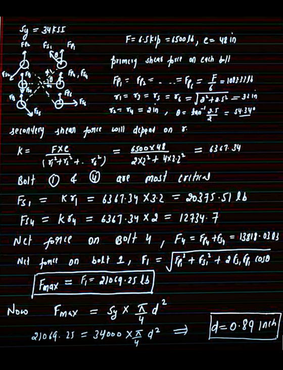 sy: Ff2 Fre 6 tanssis 54.34 = 34 KSI fsi FR F- Oskup =850016, e- 48 in primery shear force on each boll for Fill Fry, fsu FP,