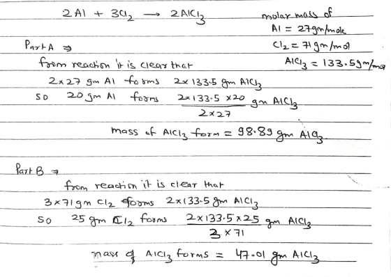 2 Al + 342_ 2 AICz msolar_imass of A1 = 27gr/mol Part A & Cl2=7gr/mol from reaction it is clear that - AC=133.59m/ma - 2x27