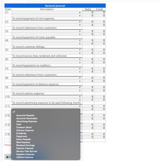 General Journal Description Date Debit Credit (1) To record payment of rent expense. (2) To record collections from customers