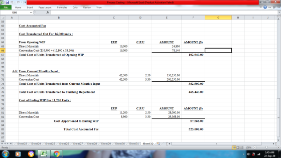 х XI Process Costing - Microsoft Excel (Product Activation Failed) File Home Insert Formulas Data Review View Page Layout fe