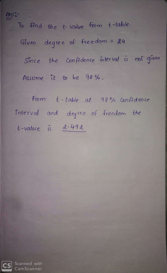 Anson To find the t-value from t-table. Given degree of freedom = 24 Since the confidence interval is not given Assume it to