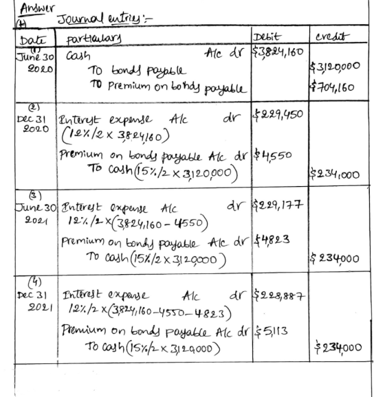 credit | Answer A Journal entries: Date I particulary Debit June 30 cash Ale dr $3824,160 20201 To bonds payable To premium o