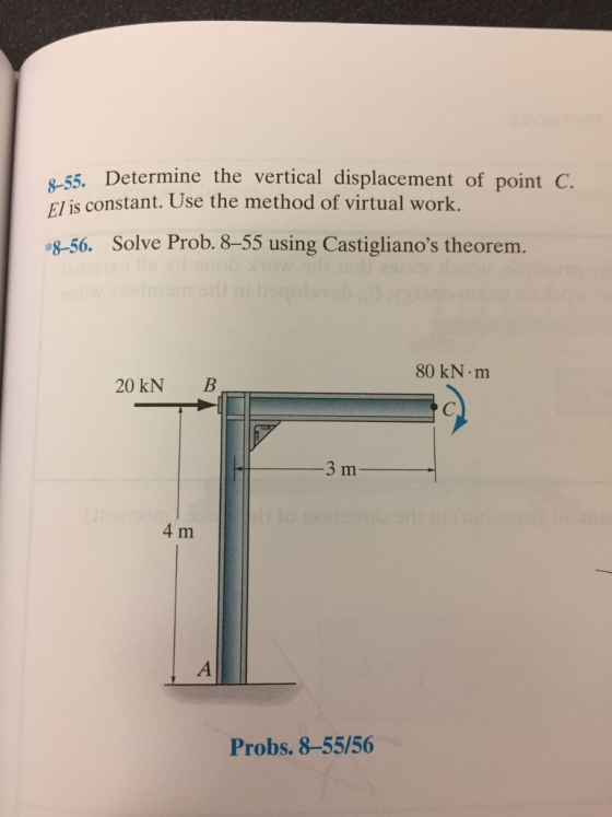 -55. Determine the vertical displacement of point C. El is constant. Use the method of virtual work. $-56. Solve Prob. 8-55 using Castiglianos theorem. 80 kN m 20 kN B 4 m Probs. 8-55/56