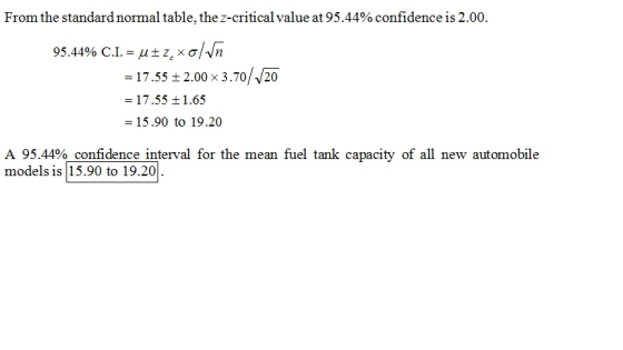 From the standard normal table, the z-critical value at 95.44% confidence is 2.00. -17.55 + 2.00 x 3.70/ v20 -17.55 1.65 - 15