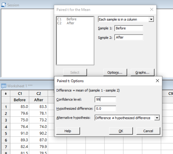 Session Paired t for the Mean ci C2 Before After Each sample is in a column Sample 1: Before Sample 2: After Select Options..