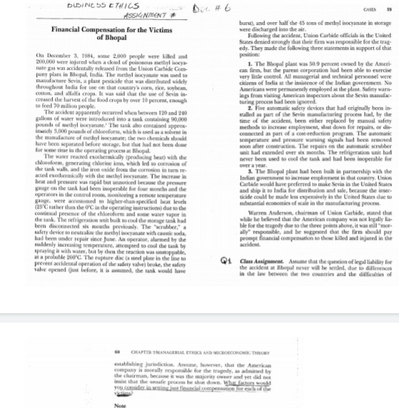 BUSINESS ETHICS ASSIGNMENT CASES 59 Financial Compensation for the Victims of Bhopal manukatore ludia for use it was said On