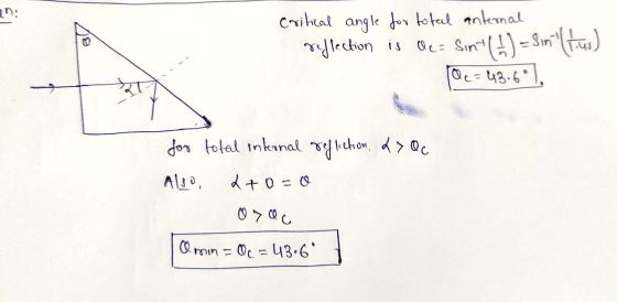 Critical angle for total anternal reflection is Oc= sin(t) = Sin (1.4) Oc= 43.60 for total internal reflection. &> ac Also, d